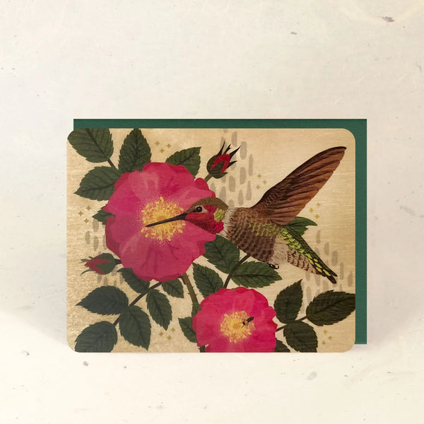 Hummingbird & Wild Rose Wood Greeting Card
