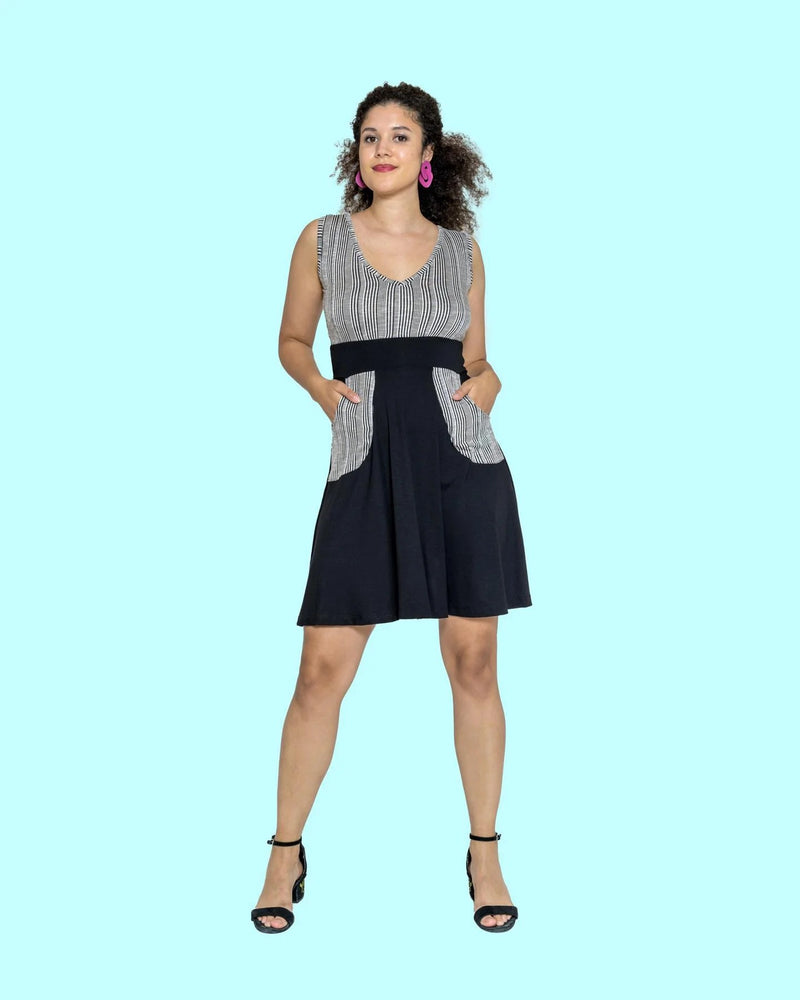 Aileen Dress in Black with Variegated Stripes
