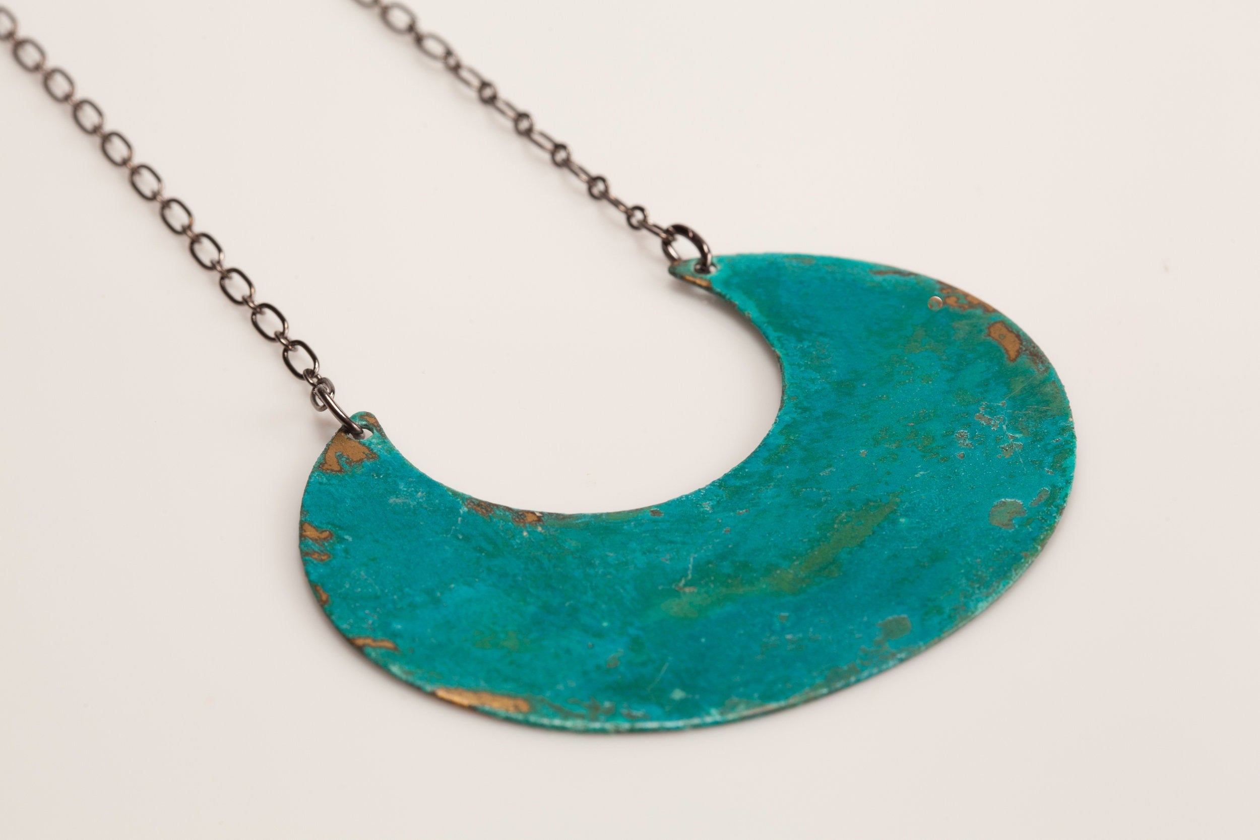 Large Verdigris Patina Crescent Necklace