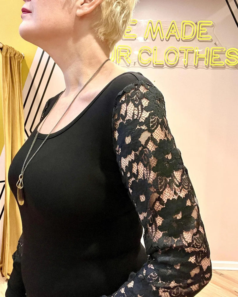 Lacey Top in Black with Floral Lace Sleeve