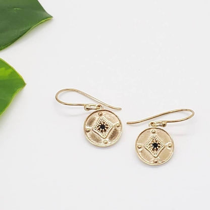 Brass + Black Spinel Medallion Earrings