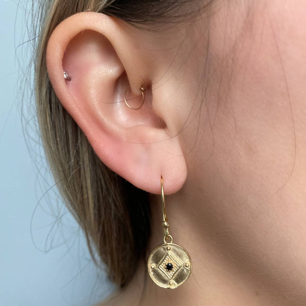 Brass + Black Spinel Medallion Earrings