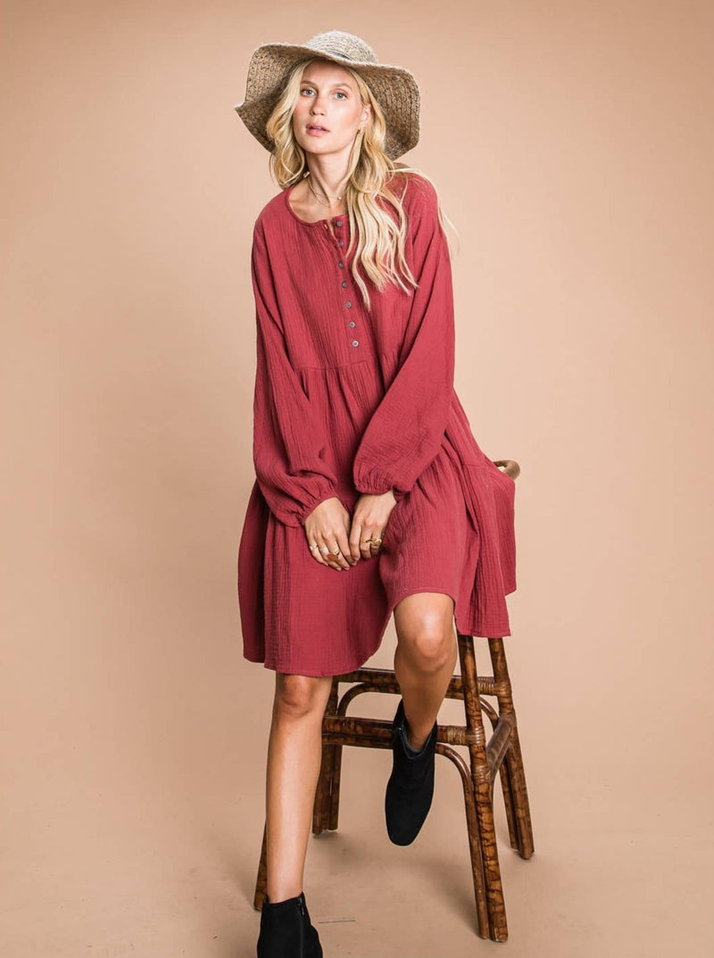 Cotton Tiered Dress with Sleeves in Brick I