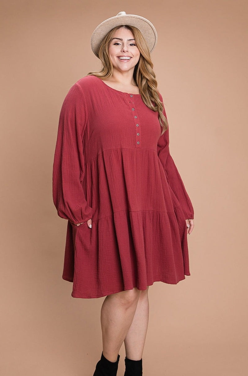 Cotton Tiered Dress with Sleeves in Brick