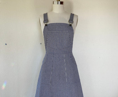 Overall Dress in Railroad Stripe Stretch Denim