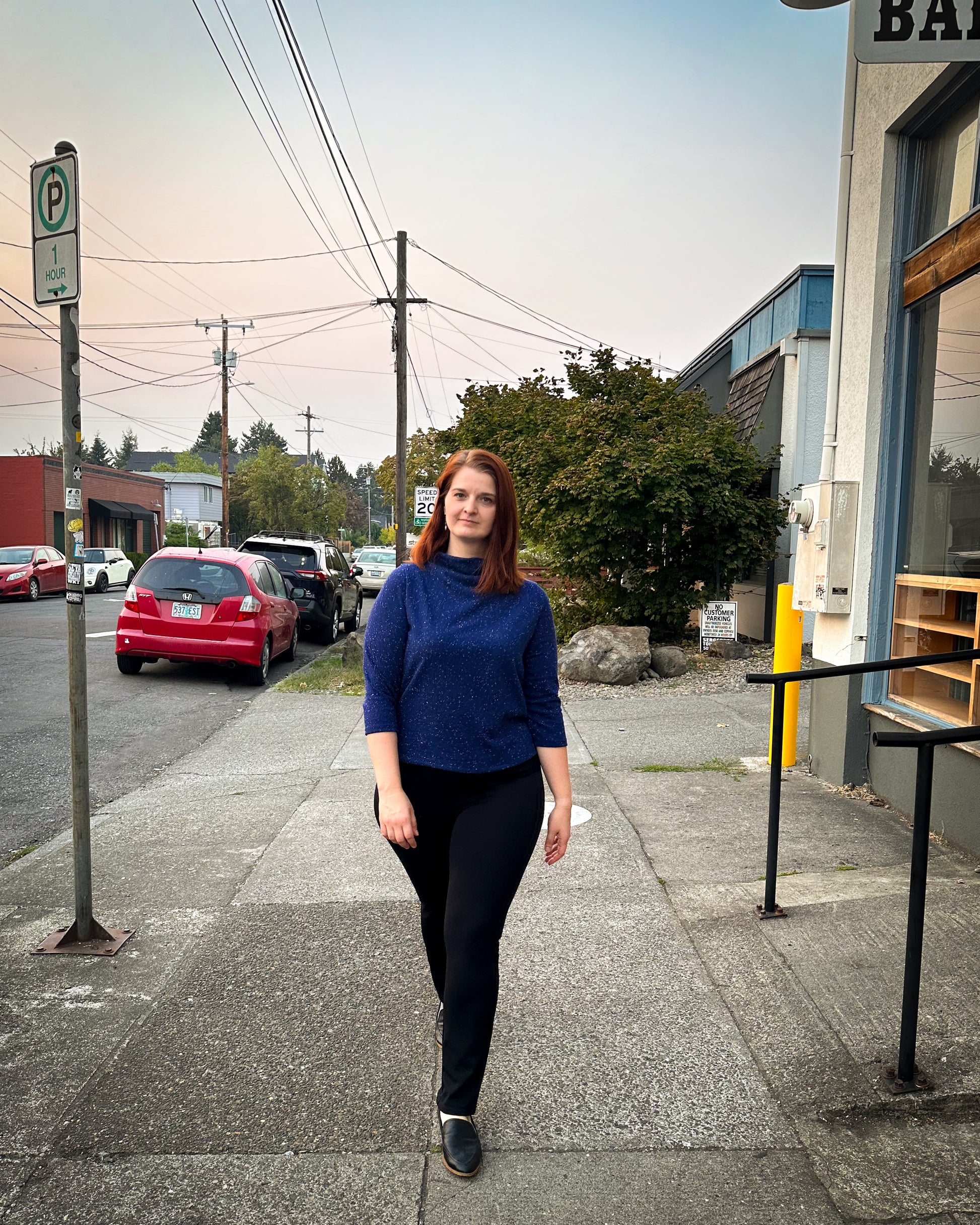 woman walking in a cute blue top