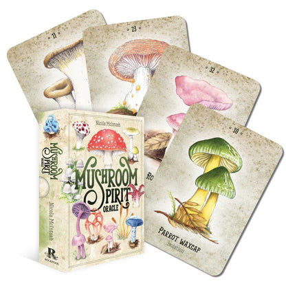 Mushroom oracle cards with white background.