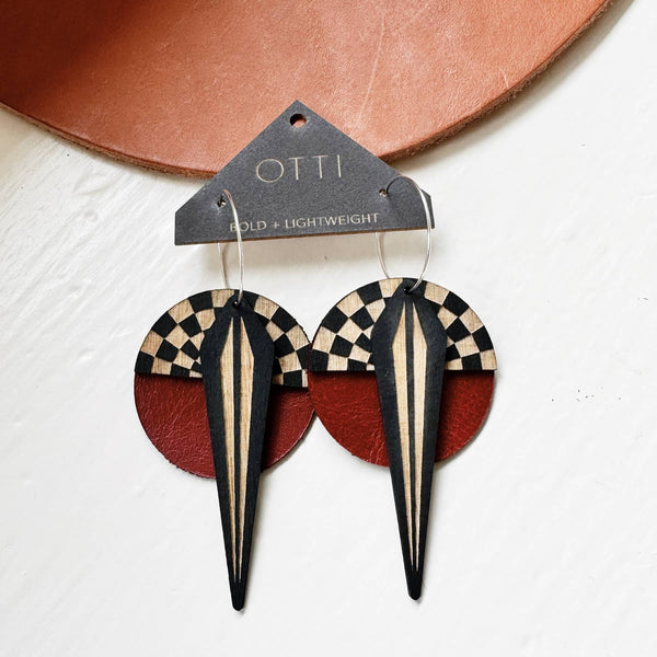 Leather+Wood Earrings in Red Checkerboard