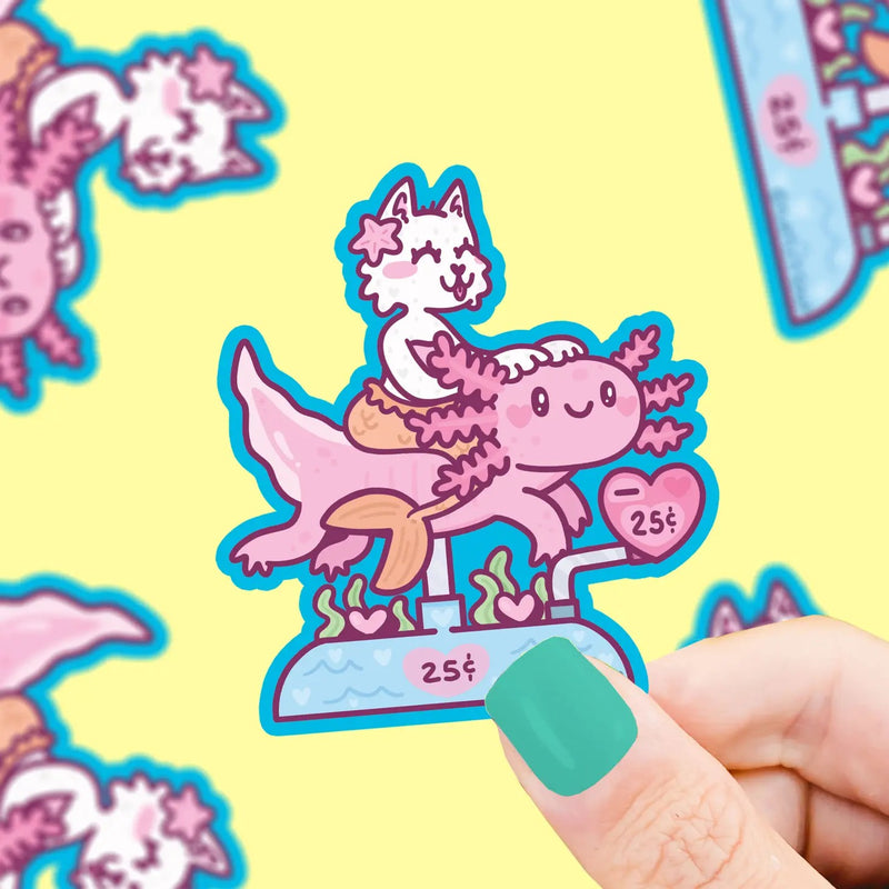 Purrmaid Kitty and Axolotl Coin Ride Vinyl Sticker