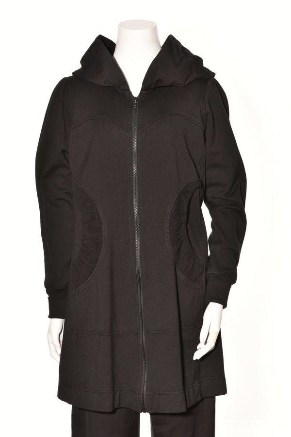 Zip Up Lux Long Hooded Jacket in Black