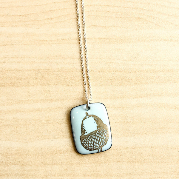 Mint Enamel Pendant with Gold Acorn Necklace