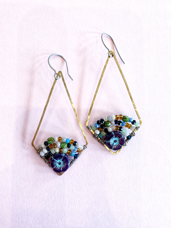 Gold diamond with beaded arches earrings