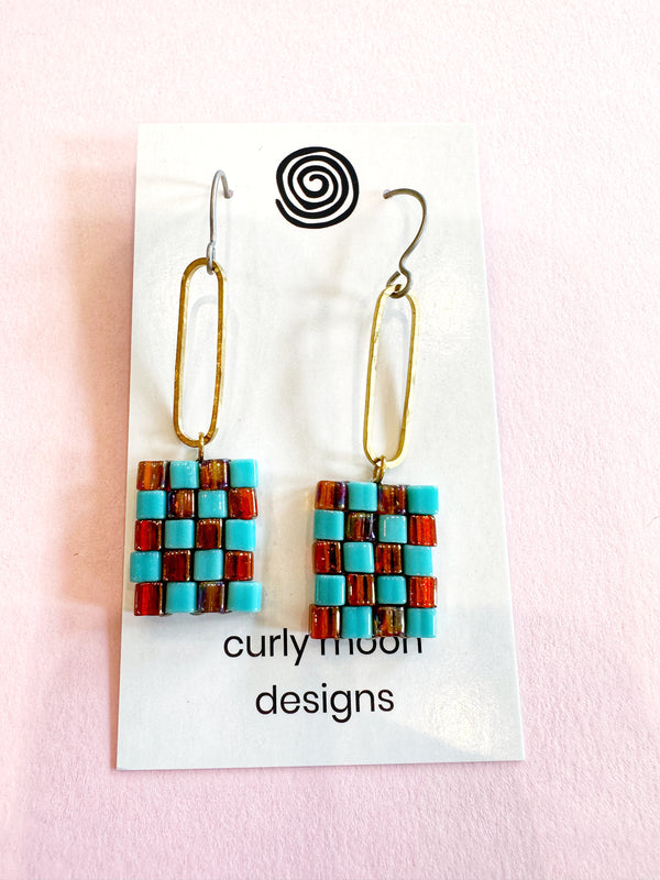 Checkerboard Square Mixed Metal Earrings