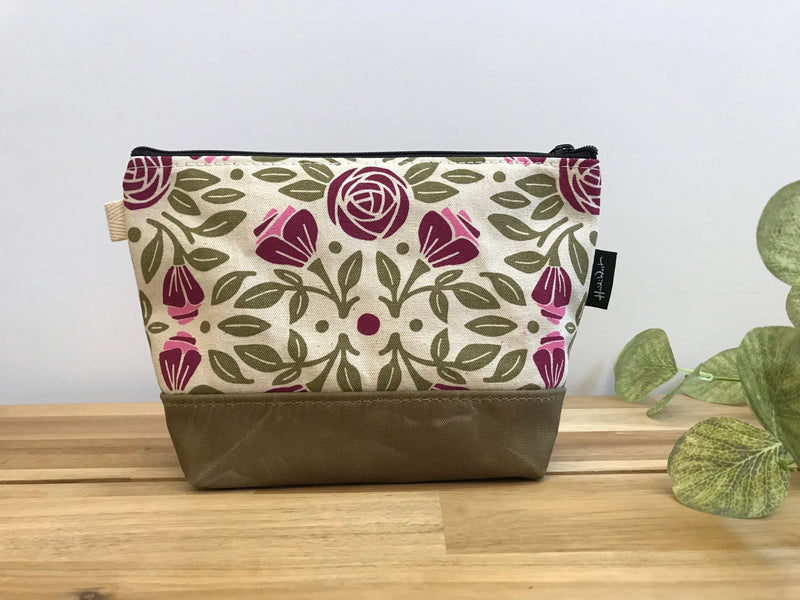 Hand printed + Waxed Canvas Cosmetic Pouch- Various Prints