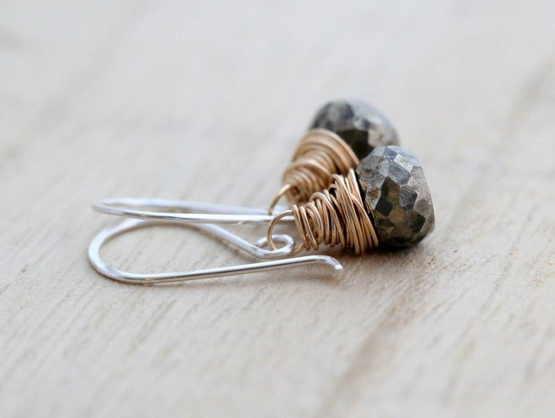 Wire Wrapped Pyrite Drop Earrings