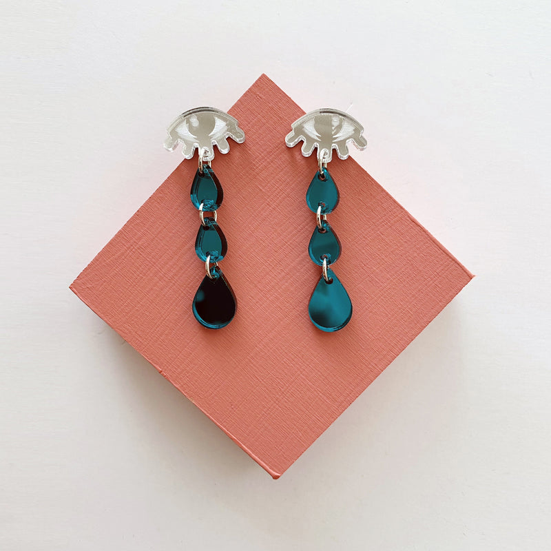 Crying Eyes Earrings - Silver and Teal